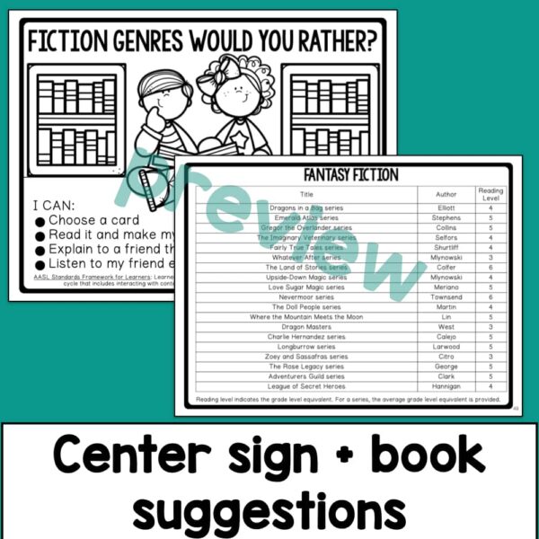 Center sign and book suggestions text below screenshots of each.