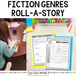 2 light-skinned students working on the Roll-a-Story writing organizer and science fiction genre activity on a wooden table.