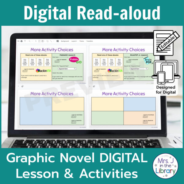 Laptop computer screen showing activity choice board slides with 2 banners reading Digital Read-aloud and Graphic Novel DIGITAL Lesson & Activities.