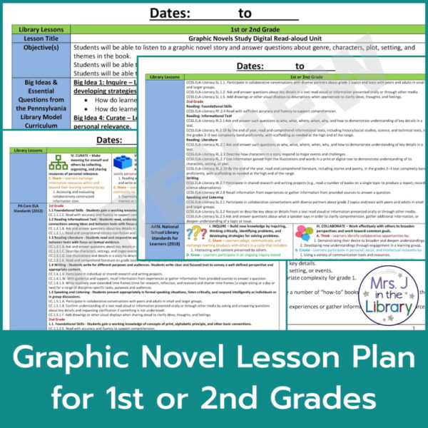 Screenshots of graphic novels unit lesson plan with 2 banners reading Digital Read-aloud and Graphic Novel Lesson Plan for 1st or 2nd Grades.