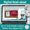 Laptop computer screen showing Binky the Space Cat Digital Read-aloud title slide with 2 banners reading Digital Read-aloud and 1st or 2nd Grade Lesson Binky the Space Cat.