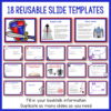 18 Reusable Slide Templates text above thumbnail screenshots of items. Bottom text reads Fill in your booktalk information Duplicate as many slides as you need.