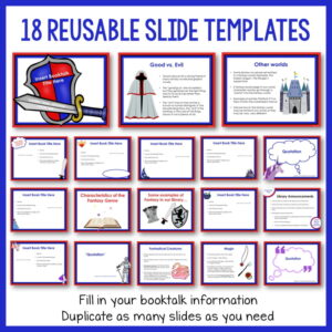 18 Reusable Slide Templates text above thumbnail screenshots of items. Bottom text reads Fill in your booktalk information Duplicate as many slides as you need.