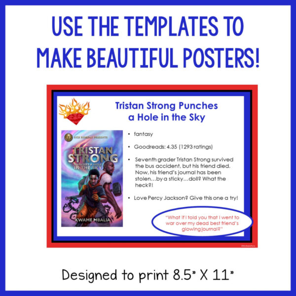 Screenshot of 1 genre booktalk sample with the caption Use the Templates to Make Beautiful Posters! Designed to print 8.5" x 11" text on bottom.