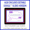 Screenshot of book quote slide with the caption Also Includes Editable Google Slides Version. Send the booktalk to your students or let them create and share their own text on bottom.