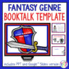 Fantasy Genre Booktalk Template text above screenshots of 4 slides. Bottom text reads includes PPT and Google Slides version.