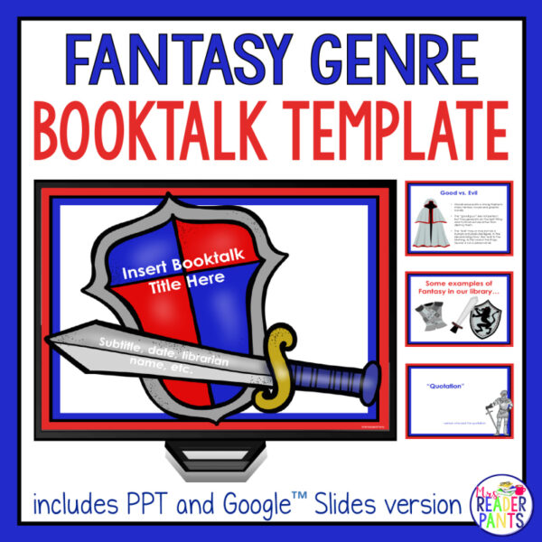Fantasy Genre Booktalk Template text above screenshots of 4 slides. Bottom text reads includes PPT and Google Slides version.