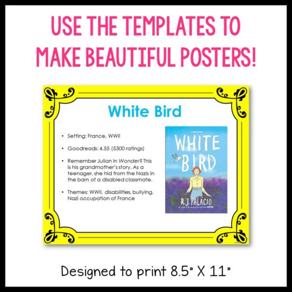 Screenshot of 1 genre booktalk sample with the caption Use the Templates to Make Beautiful Posters! Designed to print 8.5" x 11" text on bottom.