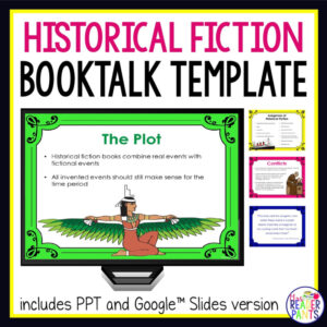 Historical Fiction Booktalk Template text box above 4 screenshots of sample slides. Includes PPT and Google Slides version text on bottom.