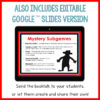 Screenshot of mystery subgenres slide with the caption Also Includes Editable Google Slides Version. Send the booktalk to your studentes or let them create and share their own text on bottom.