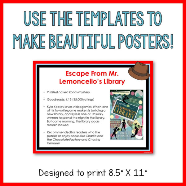 Screenshot of 1 genre booktalk sample with the caption Use the Templates to Make Beautiful Posters! Designed to print 8.5" x 11" text on bottom.