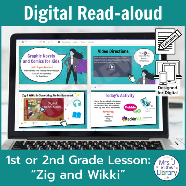 Laptop computer screen showing Zig and Wikki Digital Read-aloud activities with 2 banners reading Digital Read-aloud and 1st or 2nd Grade Lesson Zig and Wikki.