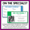 On the Specials text box above screenshots of This Week's Schedule and Did You Know slides. Bottom text reads There is a variety of content here, so you don't need to use every slide with every grade level. No more teaching the exact same lesson all week!