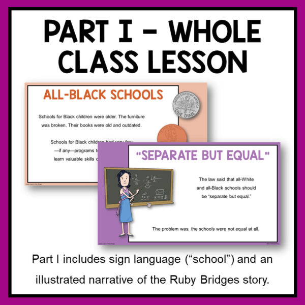 Part I - Whole Class Lesson text above 2 screenshots of slides. Bottom text reads Part 1 includes sign language ("school") and an illustrated narrative of the Ruby Bridges story.