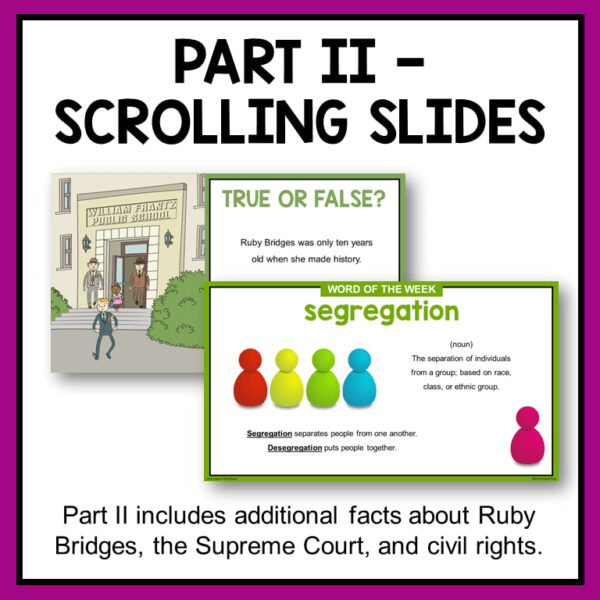 Part II - Scrolling Slides text above 2 screenshots of samples. Bottom text reads Part II includes additional facts about Ruby Bridges, the Supreme Court, and civil rights.