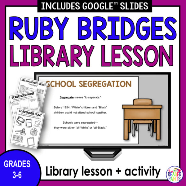 Ruby Bridges Digital Library Lesson text box above screenshots of School Segregation slide and printable activities. Grades 3-6 text on bottom.
