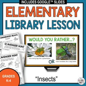 Would You Rather slide on computer monitor with Recommended Reads and 2 Scavenger Hunts pages and text: Elementary Library Lesson, Grades K-4.