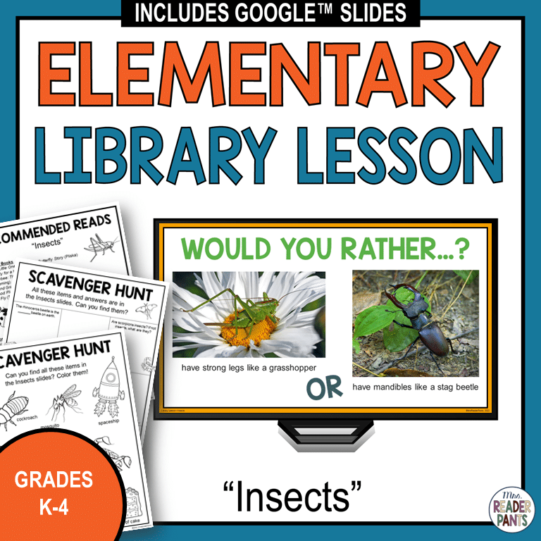 Would You Rather slide on computer monitor with Recommended Reads and 2 Scavenger Hunts pages and text: Elementary Library Lesson, Grades K-4.