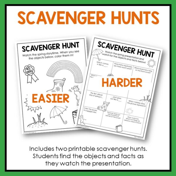 Screenshots of Easier & Harder Scavenger Hunt printables below Scavenger Hunts title. Footer reads Includes two printable scavenger hunts. Students find the objects and facts as they watch the presentation.