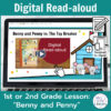 Laptop computer screen showing Benny and Penny in: The Toy Breaker Digital Read-aloud title slide.