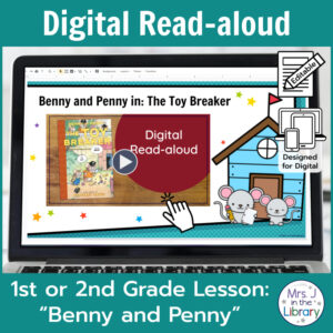 Laptop computer screen showing Benny and Penny in: The Toy Breaker Digital Read-aloud title slide.