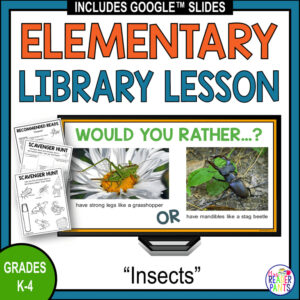 Screenshots of Would You Rather slide on computer monitor with Recommended Reads and 2 Scavenger Hunts along left side. Header reads Elementary Library Lesson and footer reads Grades K-4 Insects.