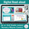 Laptop computer screen showing Nursery Rhyme Comics Digital Read-aloud activities.