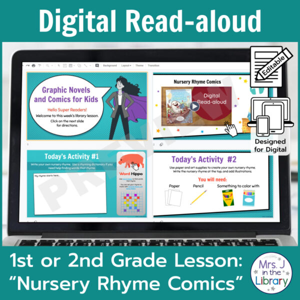 Laptop computer screen showing Nursery Rhyme Comics Digital Read-aloud activities.