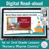Laptop computer screen showing Nursery Rhyme Comics Digital Read-aloud title slide.