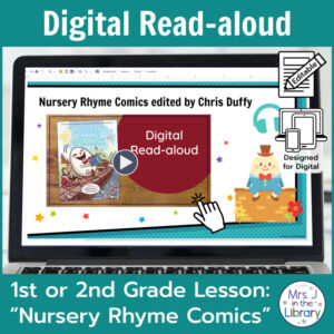 Laptop computer screen showing Nursery Rhyme Comics Digital Read-aloud title slide.