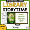 "How Do We Know Spring is Here?" slide on a computer monitor, printable Recommended Reads and scavenger hunts.