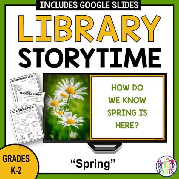 "How Do We Know Spring is Here?" slide on a computer monitor, printable Recommended Reads and scavenger hunts.
