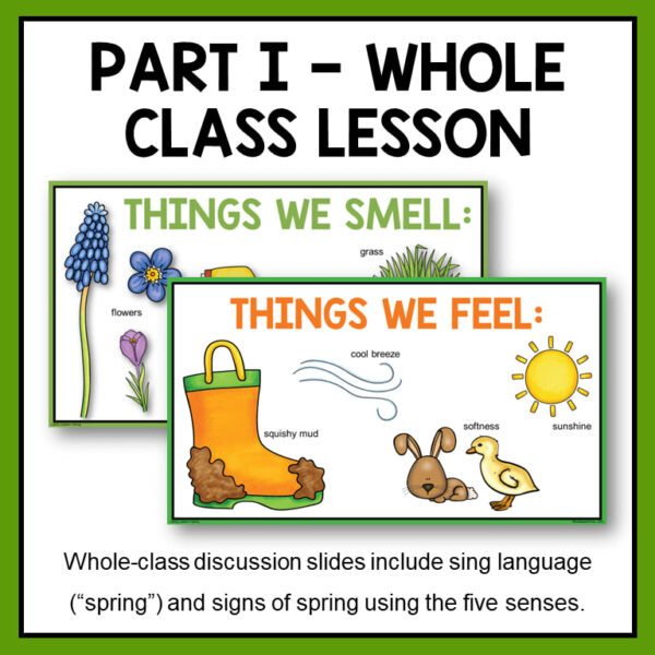 Things We Smell and Things We Feel slides with text: Part I - Whole Class Lesson, include sign language and signs of spring using the 5 senses.
