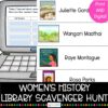 Women's History Library Scavenger Hunt title text. Screenshot of exit ticket on laptop and 1 page of printable biography cards.