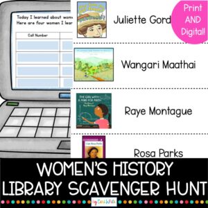 Women's History Library Scavenger Hunt title text. Screenshot of exit ticket on laptop and 1 page of printable biography cards.