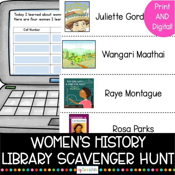 Women's History Library Scavenger Hunt title text. Screenshot of exit ticket on laptop and 1 page of printable biography cards.