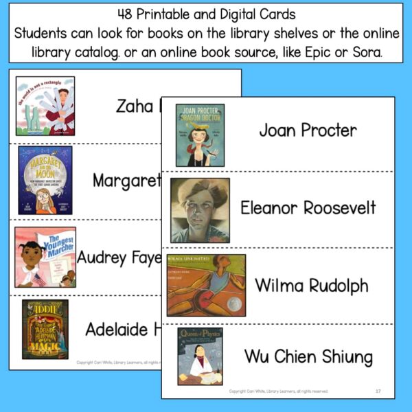 48 Printable and Digital Cards, Students can look for books on the library shelves or the online library catalog or an online book source, like Epic or Sora header text. Screenshots of 2 sheets of cards with 4 names each, with book cover images.