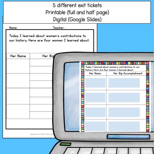 Title text reads 5 different exit tickets, Printable (full and half page), Digital (Google Slides). Screenshots of exit ticket printable and digital version on laptop.