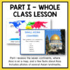 Screenshots of Small Asian Countries & World Map slides below Part I - Whole Class Lesson header text. Footer reads Part I reviews the seven continents, where Asia is on a map, and a few facts about Asia. Includes photos of several Asian landmarks.