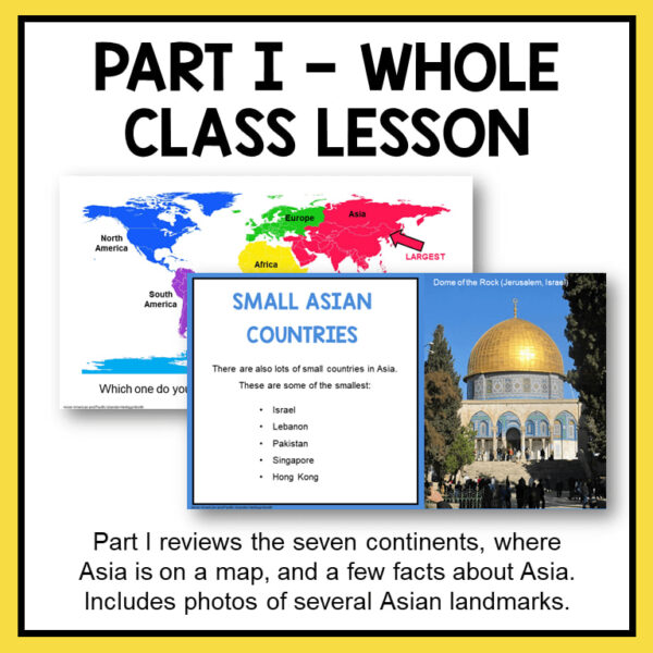 Screenshots of Small Asian Countries & World Map slides below Part I - Whole Class Lesson header text. Footer reads Part I reviews the seven continents, where Asia is on a map, and a few facts about Asia. Includes photos of several Asian landmarks.
