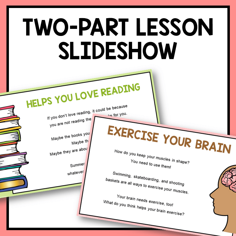 2 summer reading promotion slides with text: Two-Part Lesson Slideshow.