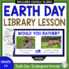 Would You Rather question slide on monitor with Recommended Reads & 2 Scavenger Hunt printables. Text reads: Earth Day / Endangered Animals, Grades 3-6.