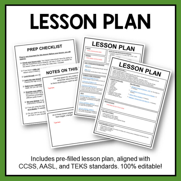Lesson plan and prep checklist with text: includes pre-filled lesson plan aligned with C.C.S.S., A.A.S.L. and T.E.K.S. standards; 100 percent editable.