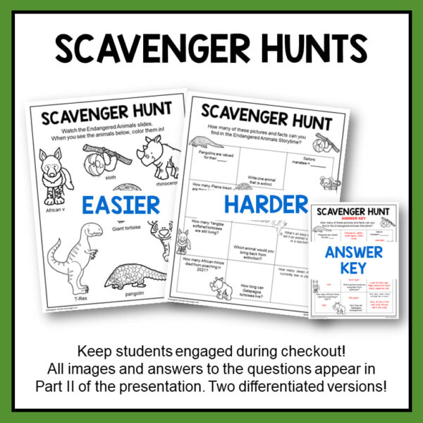 Easier and harder differentiated scavenger hunts and answer key with text: Keep students engaged during checkout! All images and answers to the questions appear in Part 2 of the presentation.