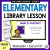 What is fasting? slide on monitor next to printable Recommended Reads and scavenger hunt. Text reads: Ramadan + Eid al-Fitr, grades 2-5.
