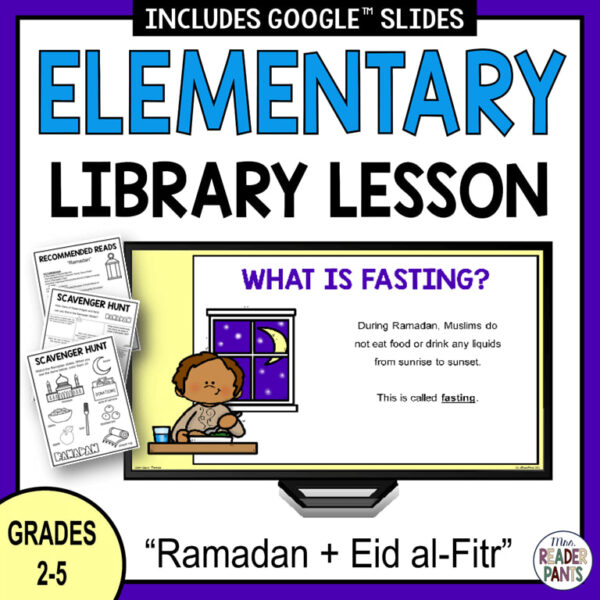 What is fasting? slide on monitor next to printable Recommended Reads and scavenger hunt. Text reads: Ramadan + Eid al-Fitr, grades 2-5.