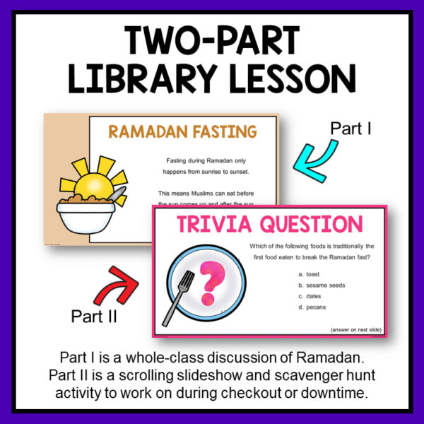 Ramadan Fasting and Trivia Question slides with text: Two-Part Lesson, Part 1 is whole-class discussion, Part 2 is scrolling slides and scavenger hunt activity.
