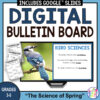 Bird Sciences slide on monitor next to printable Recommended Reads and Scavenger Hunt printables. Text reads: The Science of Spring, grades 3-6.