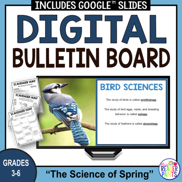 Bird Sciences slide on monitor next to printable Recommended Reads and Scavenger Hunt printables. Text reads: The Science of Spring, grades 3-6.