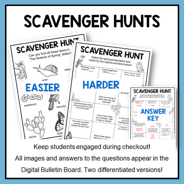 Easier & Harder printable scavenger hunts with text: Keep students engaged during checkout. All images and answers to the questions appear in the slides.